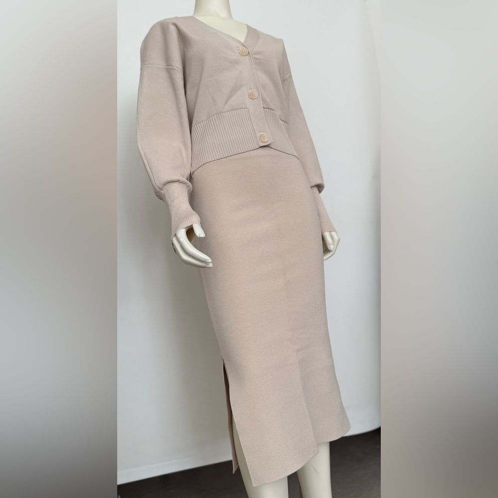 NWT $180 Express Cardigan Sweater / Skirt 2 Piece Coord Set - Beige/Tan XS (0-2) - Picture 4 of 6